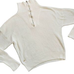 Anthropologie Lune Active Sweater Small Oversized Half Zip Ribbed Ivory Gold